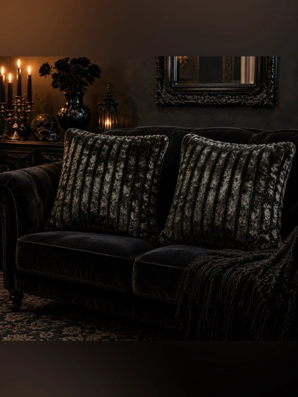 NEW Black Faux Fur Pillow Case 16” Set of 2 Textured